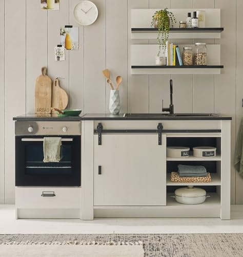 Furn.Design Küche Küchenzeile weiß Pinie und grau/anthrazit 200 cm Küchenschrank Set 4-teilig Singleküche Stove (Set 1)
