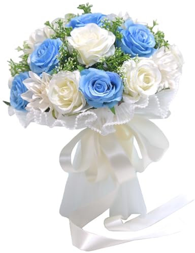 Bouquet de Mariée de Mariage, Bouquet de Roses Artificielles, Bouquet de Mariée Mori, Bouquets de Mariage Romantiques Faits à la Main pour Mariée, Demoiselle d'honneur Tenant des(Blanc Bleu)