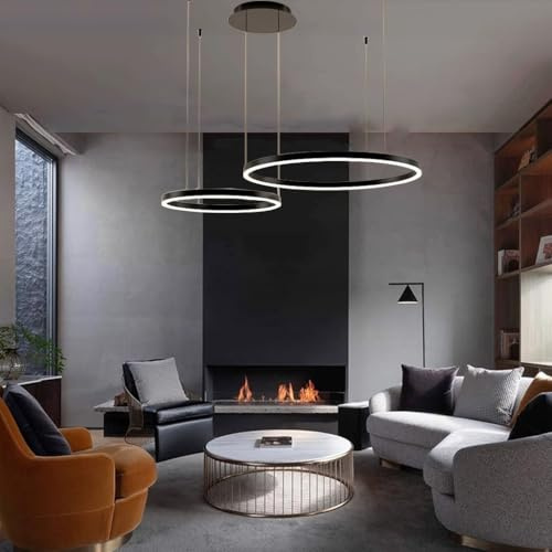 LED Pendelleuchte Modern Runde Dimmbar Hängeleuchte Ring Kreis Hängelampe Moderne Wohnzimmerleuchten Esstisch Pendellampe Pendelleuchte Für Kücheninsel Wohnzimmer Büro Halle(Schwarz,2-Rings-40+60cm)
