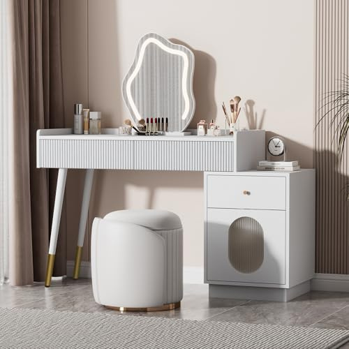 Gelukueub Tocador con espejo LED e iluminación – Juego de tocador blanco para dormitorio con tres cajones espaciosos y una puerta – Dimensiones: 100 x 75 x 40 cm (sin taburete)