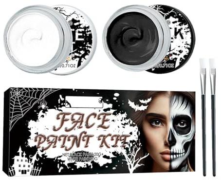 Gesichtsbemalung in Schwarz und Weiß, Gesichtsbemalung in Schwarz und Weiß, Gesichtsbemalung mit Pinseln, Hautfarben mit vollständiger Abdeckung, Vampir-Make-up-Set