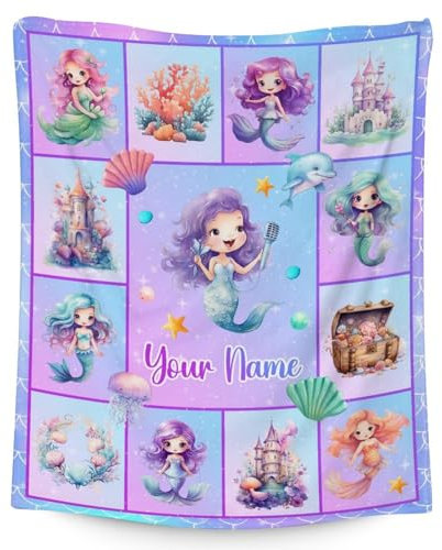 yomeeaaaa Personalisierte Meerjungfrauen-Decke, Geschenke mit Namen, 127 x 152,4 cm, niedliche Überwurfdecke für Kühlergrill – weiche, flauschige Decken für Bett, Couch und Wohnzimmer