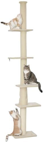 PawHut Kratzbaum Deckenhoch Höhenverstellbar 225-275 cm Cremeweiß | Katzenbaum, Katzenkratzbaum mit Kratzsäulen, 5 Plattformen, Katzenturm für mittelgroße Katzen