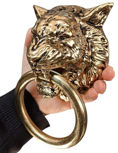 Anatolica Majestic Lioness Door Knocker, Solid Brass, Large, 7.5 inches, 2.9 lb, Fierce Eyes, Unlacquared Finish (Antique Brass)