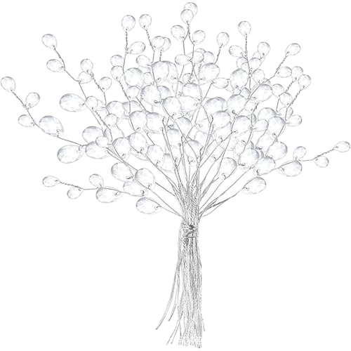FSSTUD 30 Pcs Acrylic Flower Branches Christmas Tree Crystal Branches Clear Flower Stems Artificial Flower and Twigs Beaded Floral Twig Picks Decorative Bead Sticks for Wedding DIY Crafts