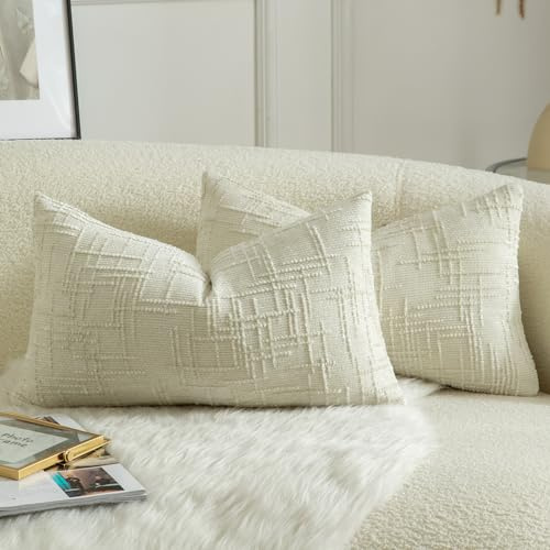 Mandioo Pack of 2 Solid Decorative Soft Chenille Cream White Cushion Covers 30x50cm 12x20 Inch Lumbar Accent Solid Throw Pillow Case Soft Cozy Luxury Pillow Covers for Sofa Couch Bedroom