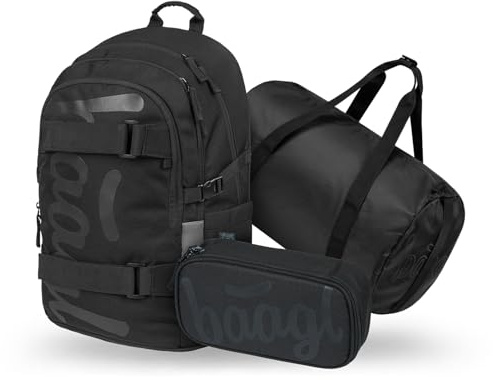 Baagl Skolryggsäck set pojkar 3 delar (skateboard ryggsäck, pennfodral, sportväska), skolväska från 3. Klasse, grundskola skolväska med bröstbälte, ergonomisk skolväska, 25 l, Enfärgad svart