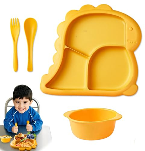 Baby Teller, Unterteilt Kinderteller mit Breischale und Babylöffel Gabeln, 4er Babyteller, kinderteller mit unterteilung, Rutschfest Geteilte Teller set, Geteilte Esslernteller, BPA-frei