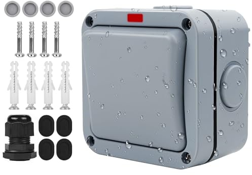 yivom Lichtschalter Außen, Schalter Wasserdicht mit Staub Unabhängigem Schalter Und, Kontrollleuchte Schalters ip66 20A Wetterfester Schalters für Outdoor, Garten, Balk, Terrasse-Grau