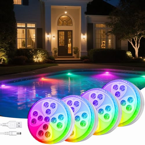 Illuminazione per piscina subacquea e sommergibili, dimmerabile, impermeabile, con 4 modalità di luce e 10 colori di luce, luce subacquea a batteria, per piscine, vasche da bagno, acquario, IP68