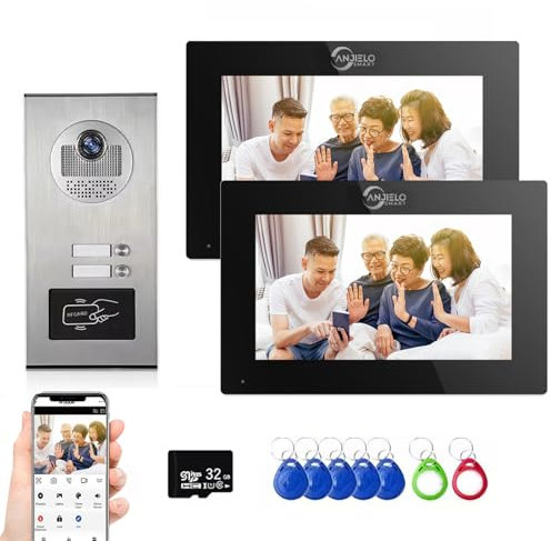Sistema videocitofonico cablato dell'appartamento, videocitofono 1080P, videocitofono da 6 unità e 7 pollici con monitor a sfioramento, rilevamento del movimento (1 campanello + 2 monitor)
