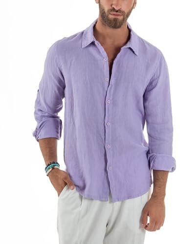 Giosal Camicia Uomo Lino Colletto Maniche Lunghe Casual Regular Fit Basic Tinta Unita Vari Colori (IT, Testo, M, Regular, Regular, Lilla)