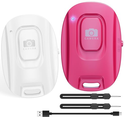 VYVIYON Bluetooth-Kameraauslöser für iOS & Android Smartphones | Wiederaufladbare Fernbedienung mit Selfie-Knopf für Fotos/Videos, inkl. Ladekabel & Handschlaufe (2er Pack)-White&Pink