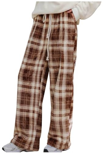Generisch Freizeithose Damen Thermohose Kariert Stoffhose Warm Gerade Hose Dicken Jogginghose Sweatpants mit Taschen Sporthose Bequem Outdoorhose Frauen Pluderhose Yogahose Cargohose Kaffee L