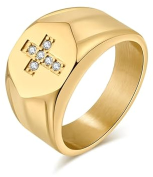 orehugaf Ring Ringe Damen Bijouterie Herren Herren Siegelring Mit Zirkonia-Kreuz, Schwarz-Goldfarben, Versprechensring, Glaubensschmuck