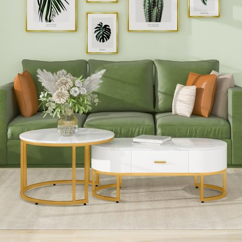 Merax Couchtische 2-teilig Tischgestell Metall Gold, Edle Wohnzimmertische, Moderne Satztische