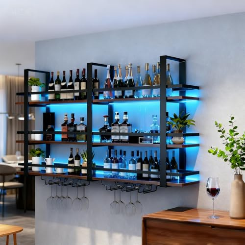 Portabottiglie da Parete con Luce a LED, Mensola Espositivi in Metallo per Bottiglie di Liquori, Espositore di Vino di Grandi Dimensioni, con Portabicchieri per Casa, Cucina, Bar, Sala (nero, 120cm)
