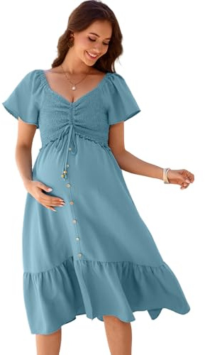 YesFashion Women's Maternity Dresses Short Sleeve Summer Pregnancy Dresses for Pregnant Women Ruffle Maxi Nursing Dress Maternity Fashion Dress (Reusable Packaging), blue, L