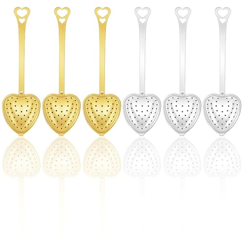 Tee Ei 6 Stück Teesieb Edelstahl für Losen Tee,Herzförmiges Teeei mit Griff in Gold und Silber Teaballs Löffel Design Geschenk für Tee Liebhaber, Ideal für Teekanne, Teetasse, Küche, Büro