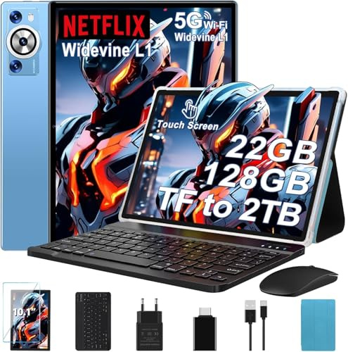 Tablette Android 14 Tablette 10 Pouces , 22GoRAM+128Go ROM (1To TF), Widevine L1|8000mAh| Octa-Core|2.0GHz| 5G WiFi| BT 5.0| 5+8MP| Soutenir Neflix, Tablette Tactile avec Clavier et Souris - Bleu