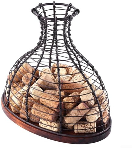 HomeVortex Weinkork-Aufbewahrungskorb, Eisenrahmen mit Eichen-Finish, dekorativer Halter für Weinstopfen, Küchenorganisationsbehälter für Zuhause, Bar, Hotel, Display, Gold/Schwarz, 24 x 15 x 22 cm