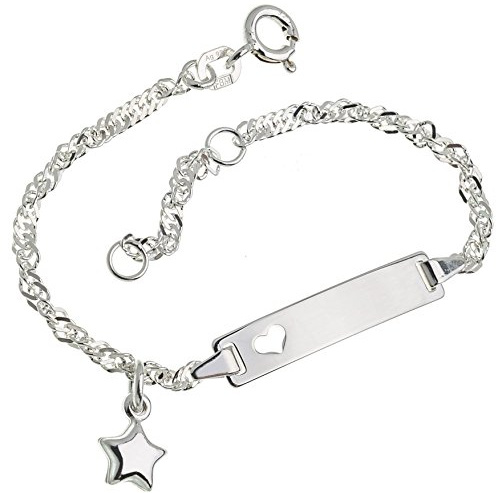Silberketten-Store Baby- & Kinder ID Armband Singapur mit Herz & Stern-Anhänger inkl. Gravur & Geschenksäckchen I aus 925 Silber I nickelfrei & allergiker-geeignet I 10 Schriftarten