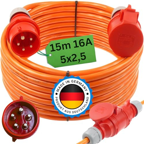 Starkstromkabel 16A 15m H07BQ-F 5x2,5 Orange Starkstrom Verlängerungskabel CEE Verlängerung 16 Ampere Kabel 5x2,5mm2 Baustelle Werkstatt Industrie Geeignet Outdoor IP44
