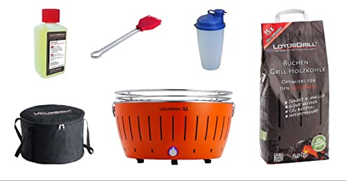 LotusGrill XL Starter-Set 1x XL Grill Mandarinenorange mit USB-Anschluß, 1x Buchenholzkohle 2,5 kg, 1x Brennpaste 200ml, 1x Marinierpinsel, 1x Dressingshaker, 1x Transport-Tasche XL