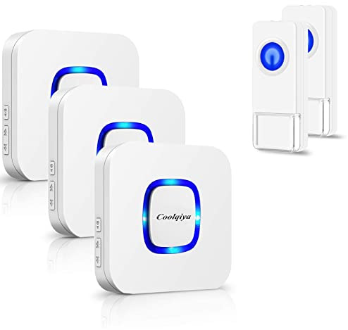 Wireless Doorbell, Coolqiya Door Bell Chimes Kit with 3 Plugin Receivers and 2 Remote Waterproof Push Buttons, Operating Range Up to 1000 Feet, 58 Melodies and 5 Volume Levels, LED Flash, White