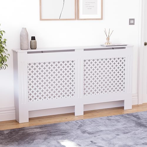 Vida Designs Oxford Cache-radiateur Blanc - Grand - Motif croisé Traditionnel pour Une Circulation optimale - H82xW152xD19cm - MDF Peint Idéal pour Salon et Couloir
