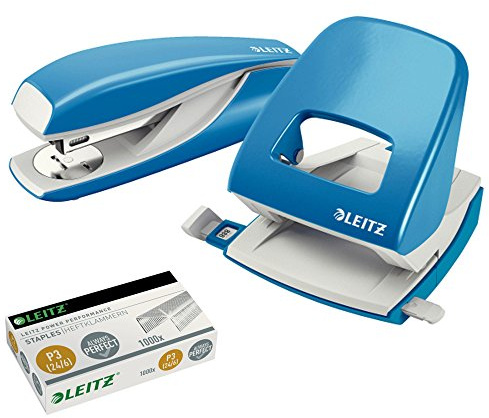 Leitz 5008 NeXXt Series Bürolocher, Metall, bis zu 30 Blatt/Kombi-Set mit Heftgerät + 1000 Klammern extra (hellblau)