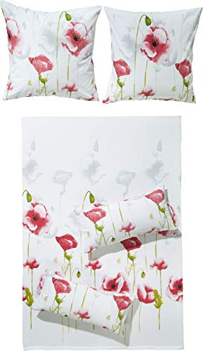 Erwin Müller Bettwäsche-Set Seersucker Mohnblume, Bettbezug, Kissenbezug rot-grün-weiß Größe 40x80 cm / 155x220 cm - temperaturausgleichend, bügelfrei, pflegeleicht, mit Reißverschluss