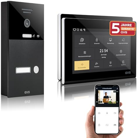GVS IP Video Türsprechanlage mit Türöffner, 2X 7 Zoll Monitore & App | Smarte Video Türklingel mit Kamera und Monitor & App - Gegensprechanlage für 1 Familienhaus (AVS1285A)
