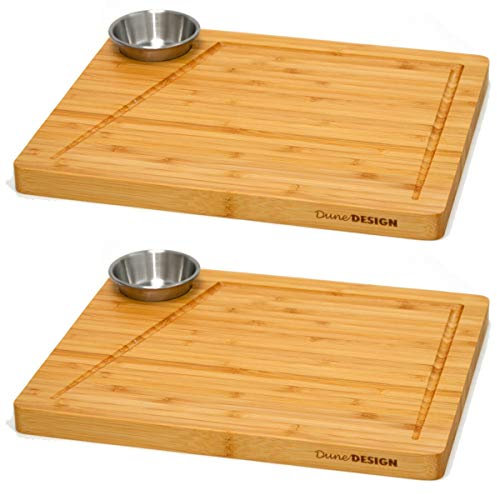 DuneDesign Set di 2 - Tagliere in bambù con Salsiera - 30x25 cm Piatto in Legno per Bistecca