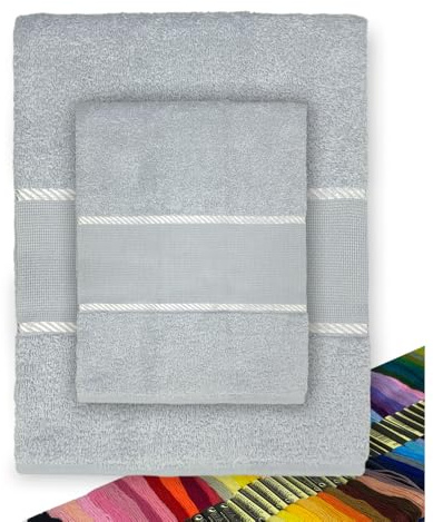 Tex family Set Asciugamani Spugna Tela Aida da ricamare Punto Croce 1+1 Viso E OSPITE con Filato in Omaggio - Grigio
