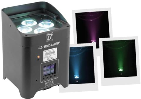 BoomToneDJ EZ-BOX 4x15W Projecteur LED RGBW Wifi sur batterie. Emetteur/Récepteur DMX sans fil intégré. Mode Auto, Audio, DMX 512, Maitre/Esclave, Télécommande IR et DMX wireless. Soirée, DJ mobile.