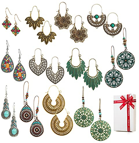 12 paar Boho Style Baumeln Ohrringe Vintage Hängend Set für Kleidung Damen Frauen Mädchen,Retro Böhmischer Orientalisch Hängeohrringe Ohrring Ohrstecker Piercing Ohr Mit Blumen Blatt Wassertropfen