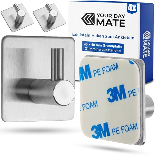 Edelstahl Haken zum Ankleben, 4 Stück, in Silber-farben, Klebehaken für Handtuch, Bademantel, Waschlappen, Handtuchhaken Bad, Handtuchhalter Küche, Bademantelhaken, Handtuchhalterung selbstklebend