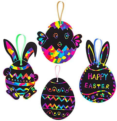 RMMD 48 Stück Oster-Kratzkunst für Kinder, Ostereier, Regenbogen-Kratzkunst, Papier, magischer Osterhasen, Kratzkunst und Handwerk für Kinder, Ostern, Kratzkunst, Party, Aktivitäten, Bastelzubehör