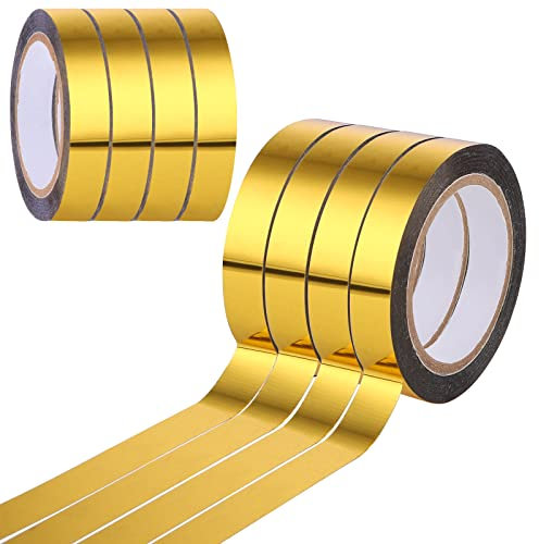 Grevosea 4 Rollen Selbstklebende Metallic Klebeband, 10mm x 20m Craft Dekorative Klebeband Fliesennahtband Masking Tapes für Wand Garderobe Badezimmer Dekoration Geschenkverpackungen(Gold)