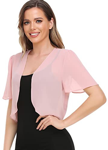 Boléro pour femme en mousseline de soie douce ouverte sur le devant, transparent et à manches courtes pour robe de soirée