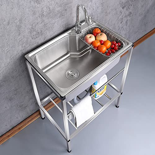 ZJIEX ILOOXI Edelstahl Küchenspüle Einzelbecken Mit Heiß-/kaltwasserhahn, Waschbecken Edelstahl Spültisch, Verstellbaren Füßen, Für Küche Restaurant Außenbereich(Cold Faucet,304 Stainless Steel)