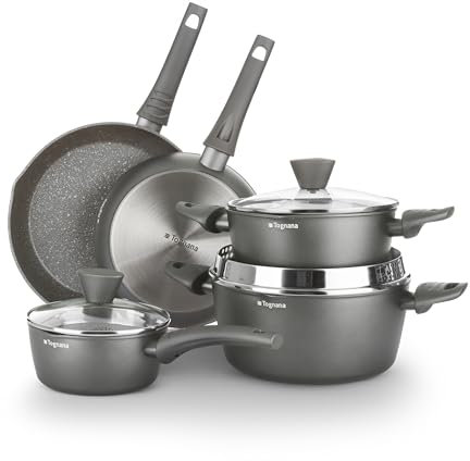 Tognana Ultra Class Induction, Batteria di pentole e padelle, Set con 2 padelle, 3 casseruole, 3 coperchi trasparenti, 8 Pezzi, Alluminio, Grigio