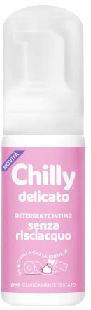 Chilly Ohne Ausspülen, Intimreiniger ohne Ausspülen, zur Verwendung außerhalb des Hauses auf Toilettenpapier, Formel aus Mousse bei pH5, klinisch getestet, 100 ml