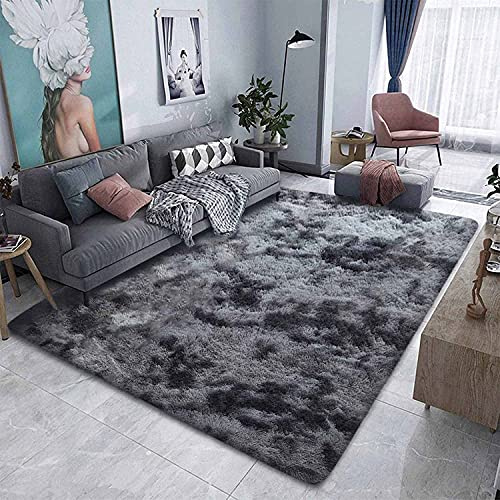 ASIinnsy Tappeto a pelo lungo, morbido, moderno, grigio, per soggiorno e camera da letto, cameretta dei bambini, grande, antiscivolo, in peluche (nero-grigio, 200 x 250 cm)
