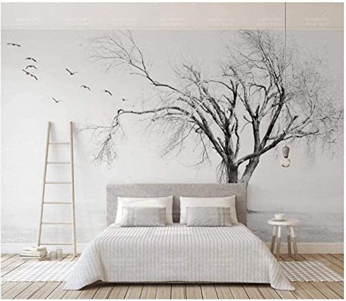 Papier Peint Panoramique Oiseau Arbre Noir Et Blanc | Papier Peint Intissé 3D Tapisserie Murales Chambre Salon 400x280cm-SJJ01287