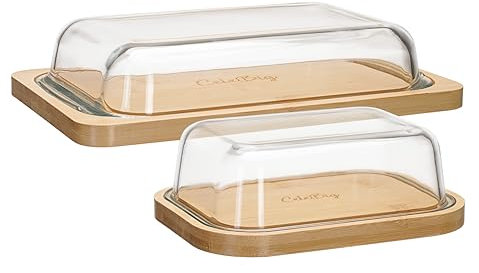 CeleBig® Butterdose-Set | Umweltfreundlicher und nachhaltiger Bambus | Hochwertiger Glasdeckel | Hochwertiges Bambus | stapelbar, nachhaltig & plastikfrei | Frischhaltedosen für Käse, Wurst & Butter