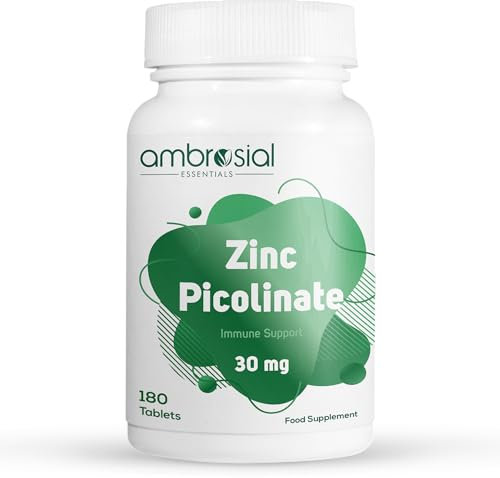 Ambrosial Zinc Picolinate Supplement 30 mg – High Strength Zinc Tablets for Women & Men – Non-GMO, GMP Certified, 180 Tablets (6 Months Supply)