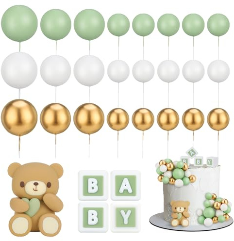 Halinuia 26 Stück Mini Tortendeko Kugeln mit Süß Bären Kuchendekoration | BABY-Buchstabe Topper Schaumstoff Ball Perlenkugel Torten Deko für Babyparty, Geburtstag,Gender Reveal Partyzubehör(Grün)