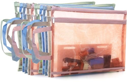 10 Pack Mesh Zipper Pouches for Organizing, Double Layers Nylon Puzzle Building Block Sets Toy Storage Organization with Handle, Multipurpose for Travel, School, Board Game, Office, and Home Organize